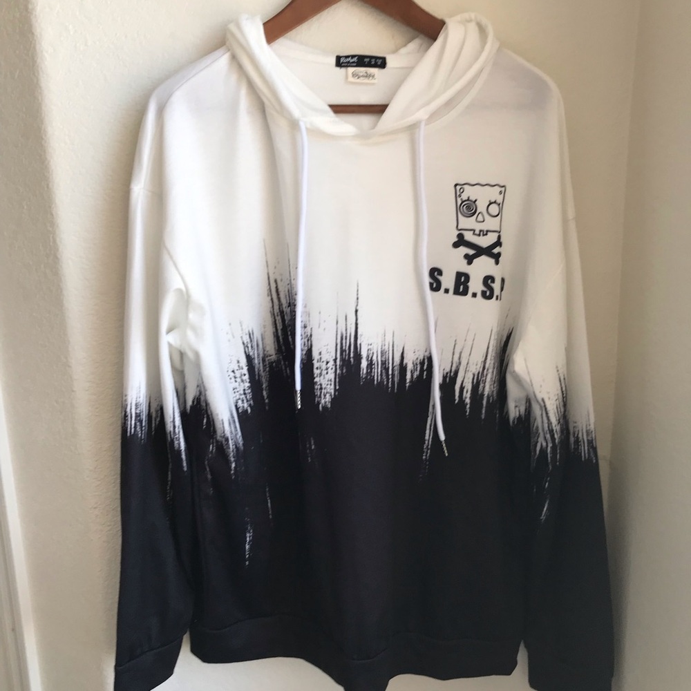 Spongebob Unisex Hoodie Men size Large Black White Long Sleeve Thin Lightweight
